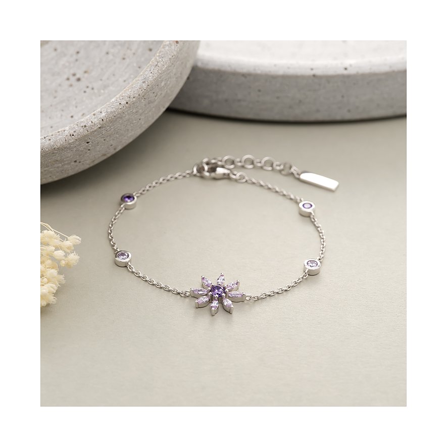 JETTE 925 recyceltes Silber Armband mit einem zentralen Blütenmotiv und runden Farbstellen aus Zirkonia.