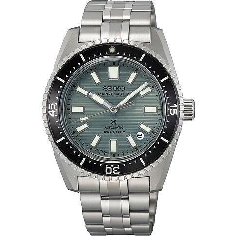 Seiko Herrenuhr mit Edelstahlgehäuse, grauem Zifferblatt und schwarzer Lünette.