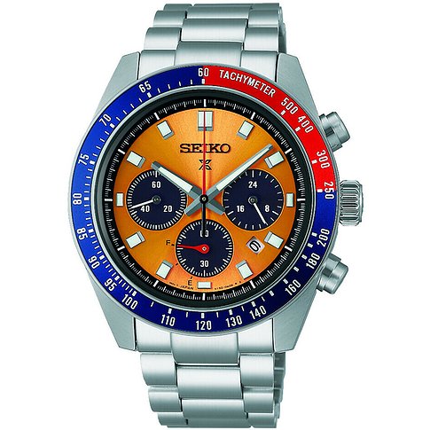 Seiko Herrenuhr mit Edelstahlgehäuse, orangefarbenem Zifferblatt und Chronograph.