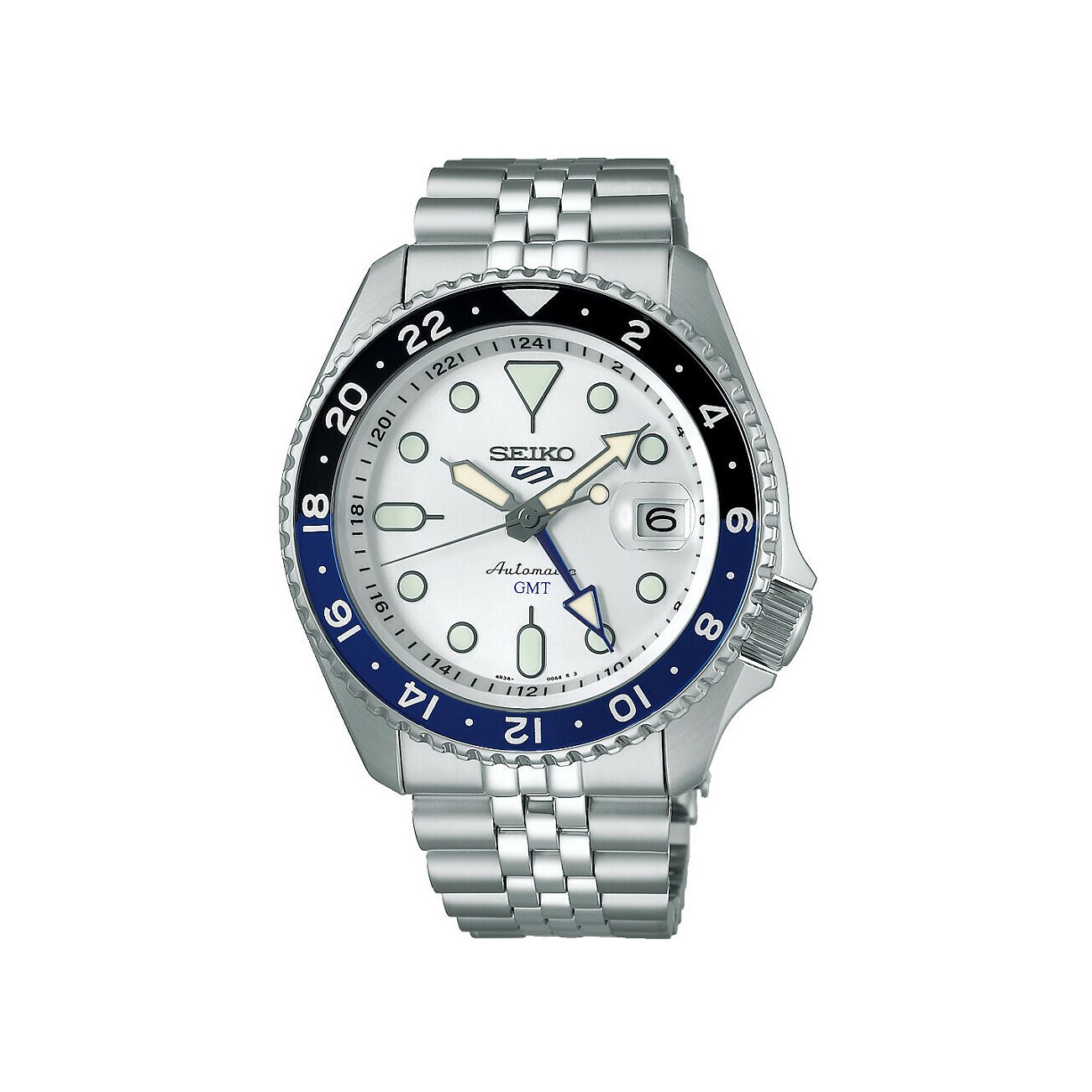 Seiko Herrenuhr mit Edelstahlgehäuse, analog, GMT, weißes Zifferblatt.