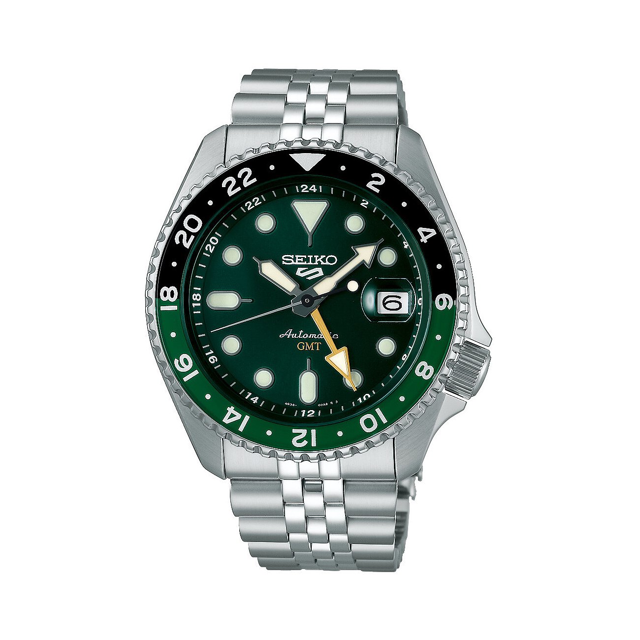 Seiko Herrenuhr mit Edelstahlgehäuse, grünes Zifferblatt, analoge Anzeige.