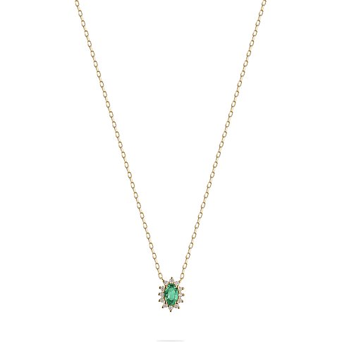 CHRIST 585er Gelbgold-Halskette mit ovalem Smaragd-Anhänger, umrandet von kleinen klaren Schmucksteinen.