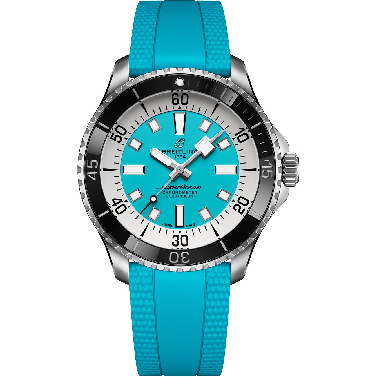 Breitling Superocean Herrenuhr aus Edelstahl mit leuchtend blauem Zifferblatt und passendem Kautschukarmband.