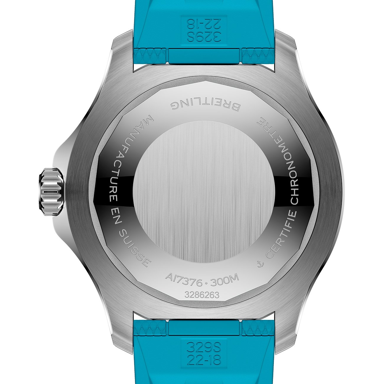 Rückansicht der Breitling Herrenuhr aus blauem Kautschuk mit einem Gehäuseboden aus Edelstahl.