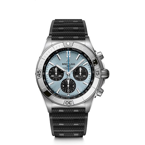 Breitling Herrenuhr mit Edelstahlgehäuse, blauem Zifferblatt und Chronographen.