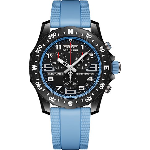 Breitling Herrenuhr mit Polycarbonat-Gehäuse, schwarzem Zifferblatt und blauem Armband.