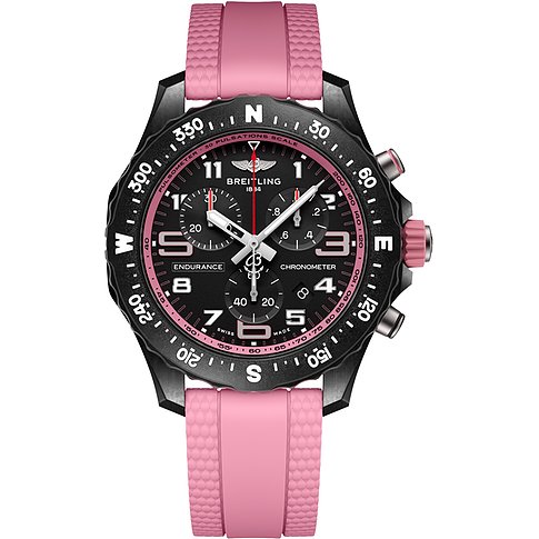 Breitling Unisexuhr aus Polycarbonat mit schwarzem Zifferblatt und pinkem Armband.