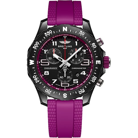 Breitling Unisexuhr mit Polycarbonat-Gehäuse, schwarzem Zifferblatt und lila Armband.