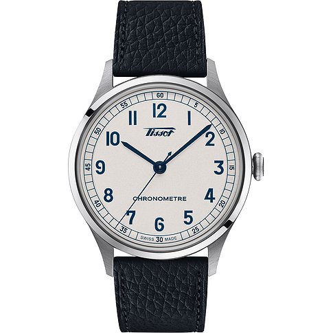 Tissot Herrenuhr mit Edelstahlgehäuse, analog, weißes Zifferblatt mit blauen Zahlen.