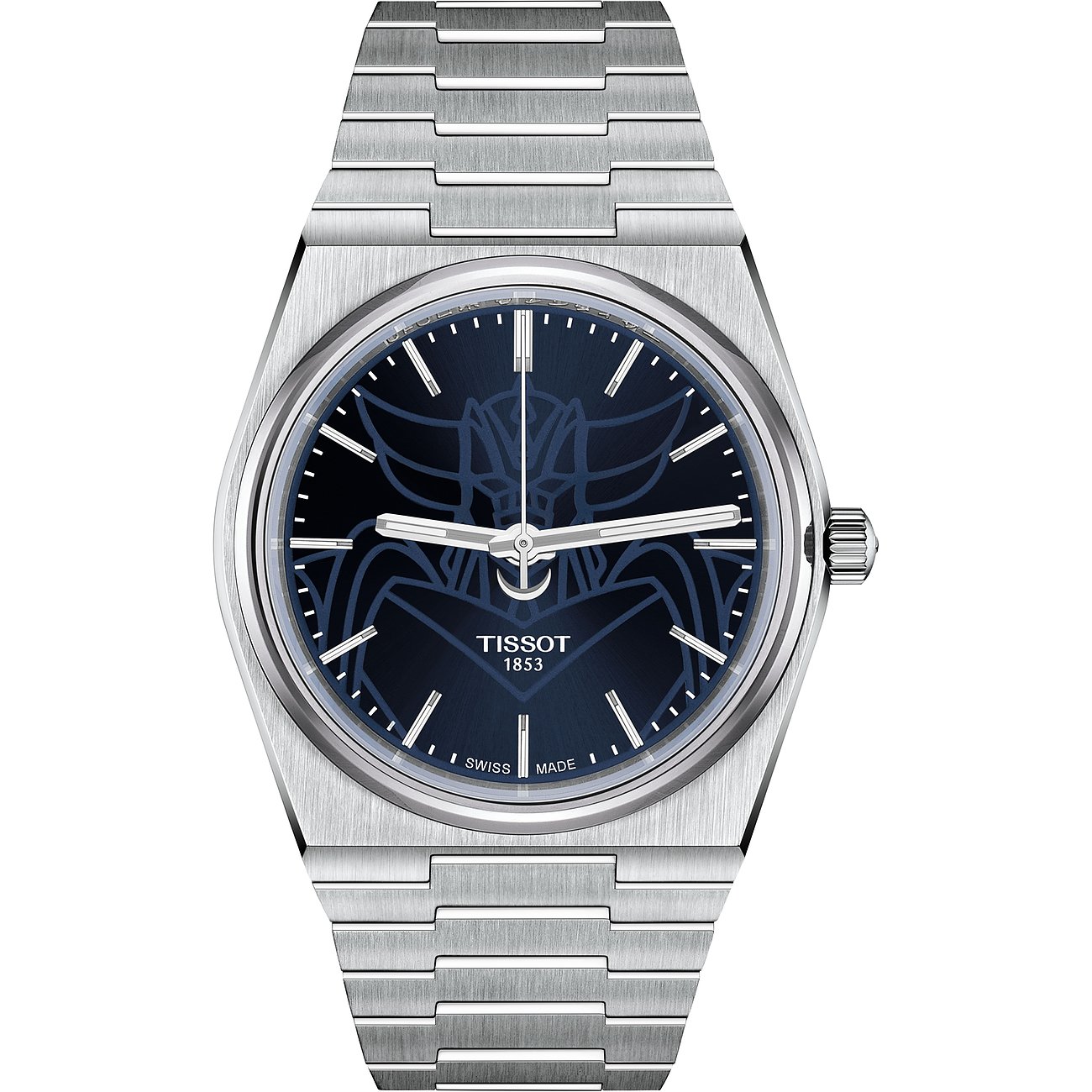Tissot Herrenuhr mit Edelstahlgehäuse und blauem Zifferblatt.