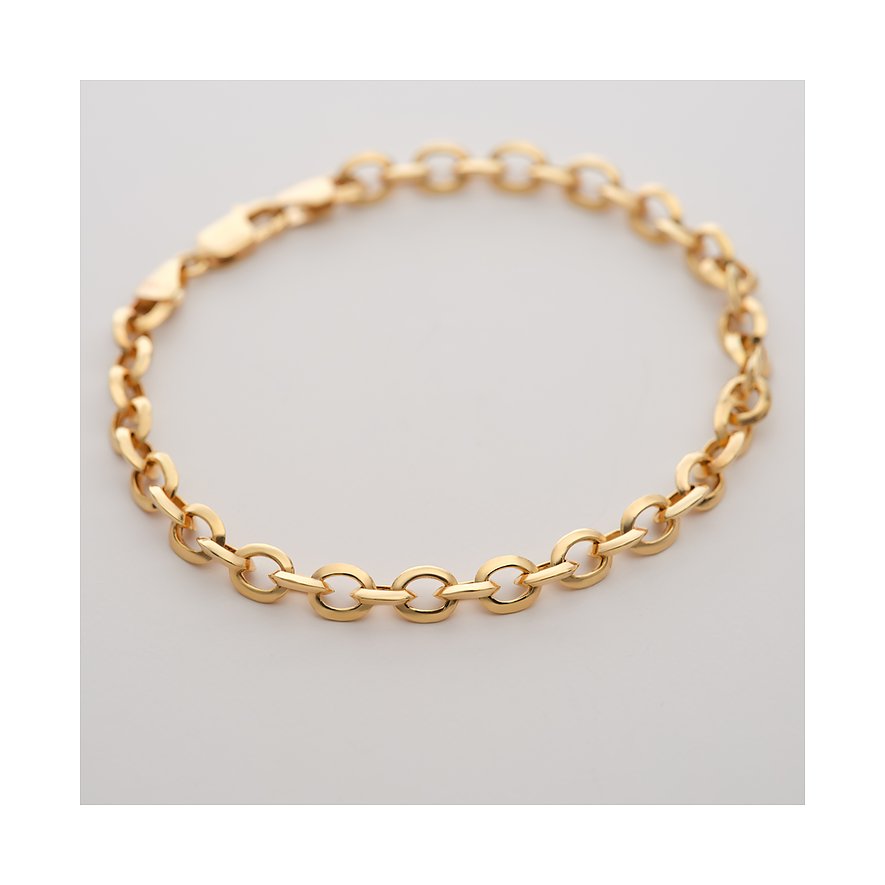CHRIST 585er Gelbgold-Armband aus glänzenden, ovalen Kettengliedern mit Karabinerverschluss, von oben gesehen.
