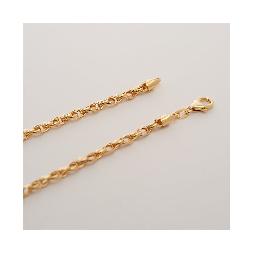 CHRIST Halsschmuck aus 585er Gelbgold, detailreich mit Karabinerverschluss, schräg von oben aufgenommen.