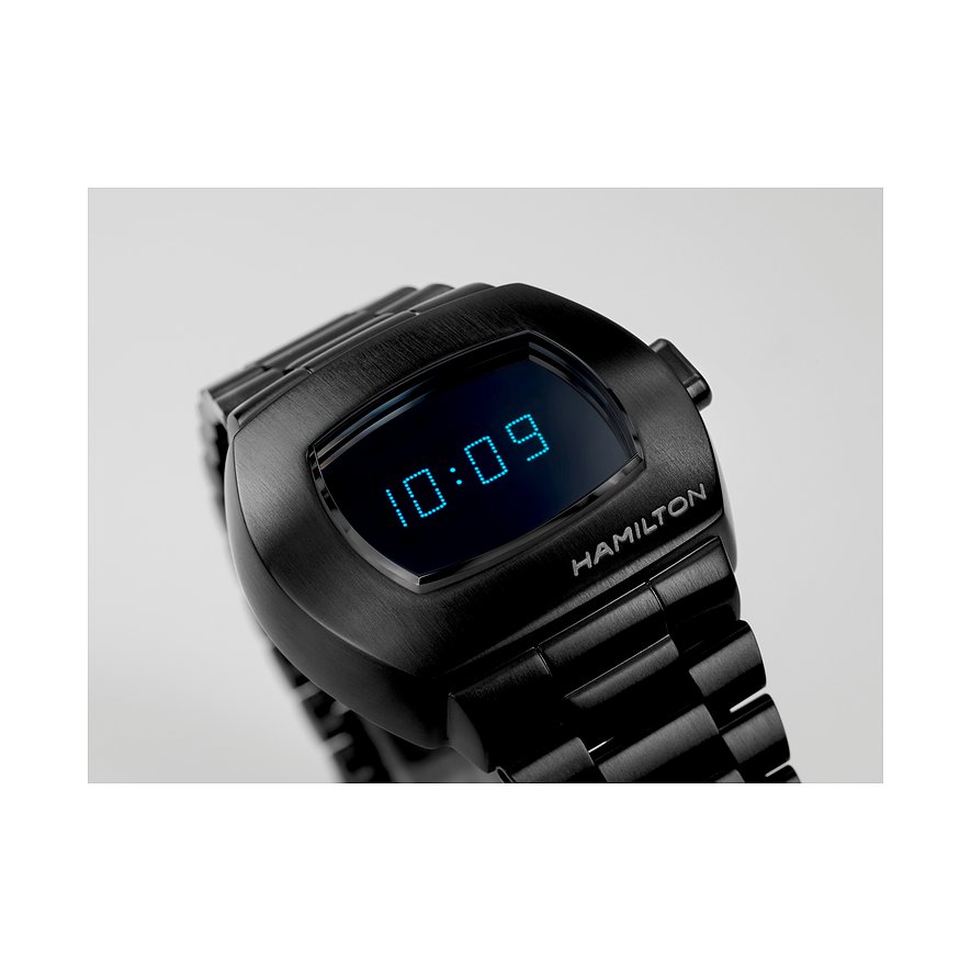 Hamilton Damenuhr mit Edelstahlgehäuse, digitaler Anzeige und schwarzem Finish.