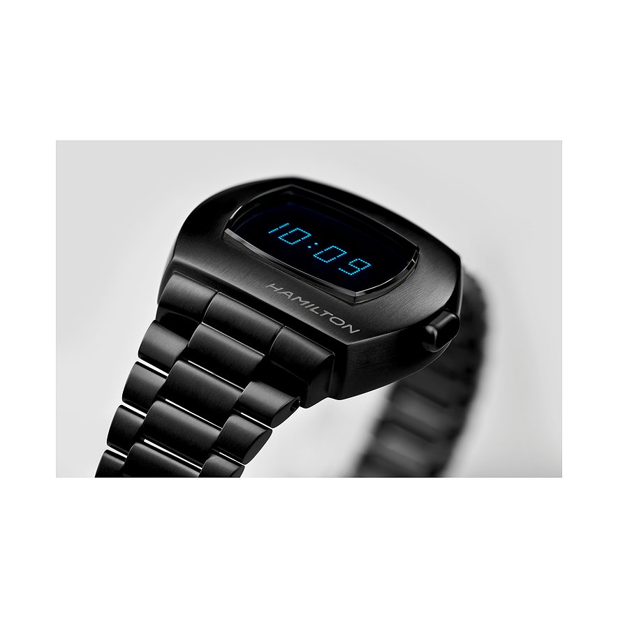 Hamilton Damenuhr aus Edelstahl, digital, mit blauem Zifferblatt.