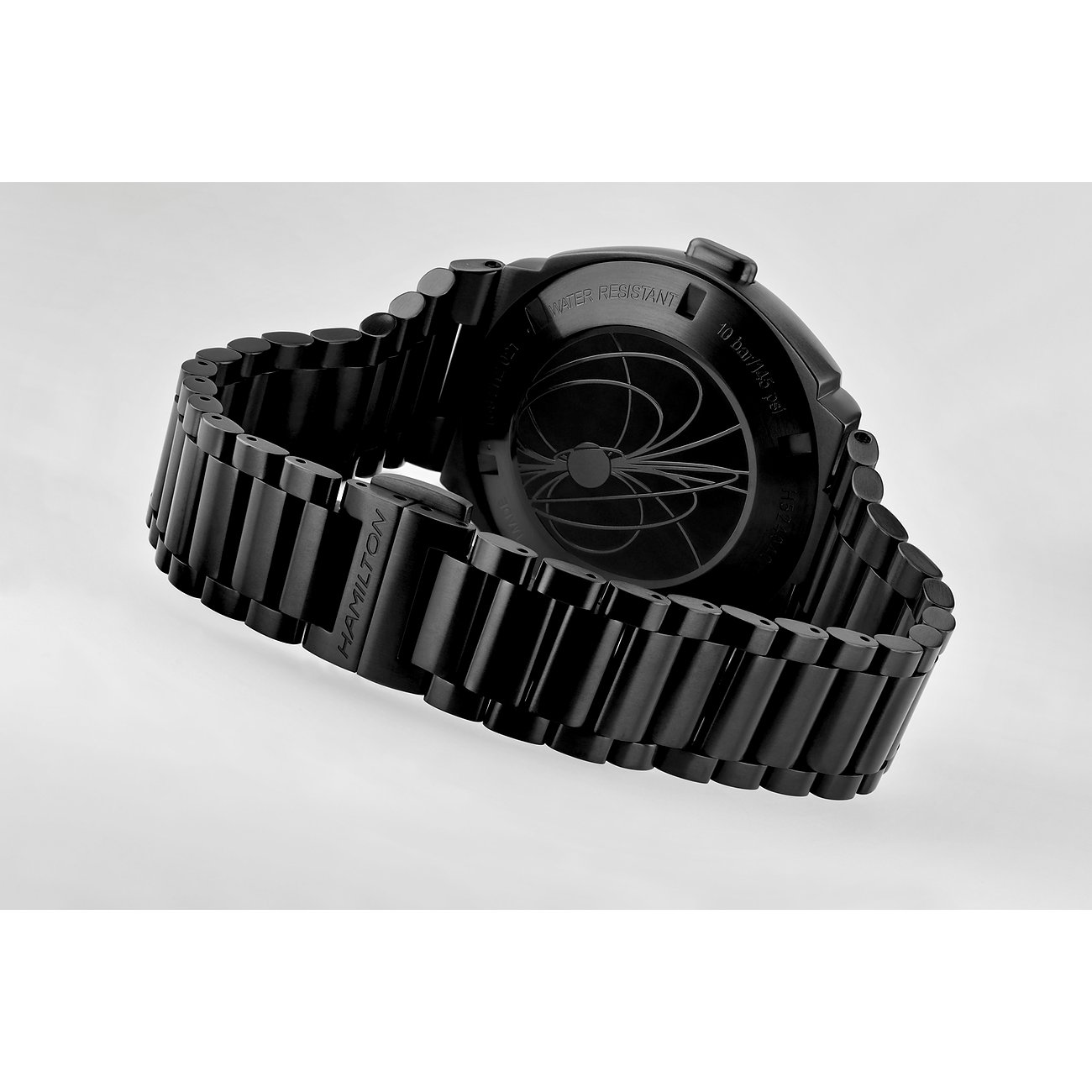 Hamilton Damenuhr aus Edelstahl mit schwarzem Armband und Gehäuse.