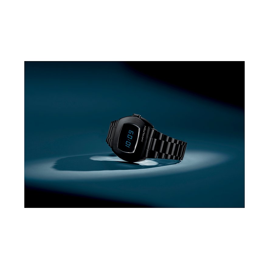 Hamilton Damenuhr mit Edelstahlgehäuse, digital, schwarzes Gehäuse und Armband.