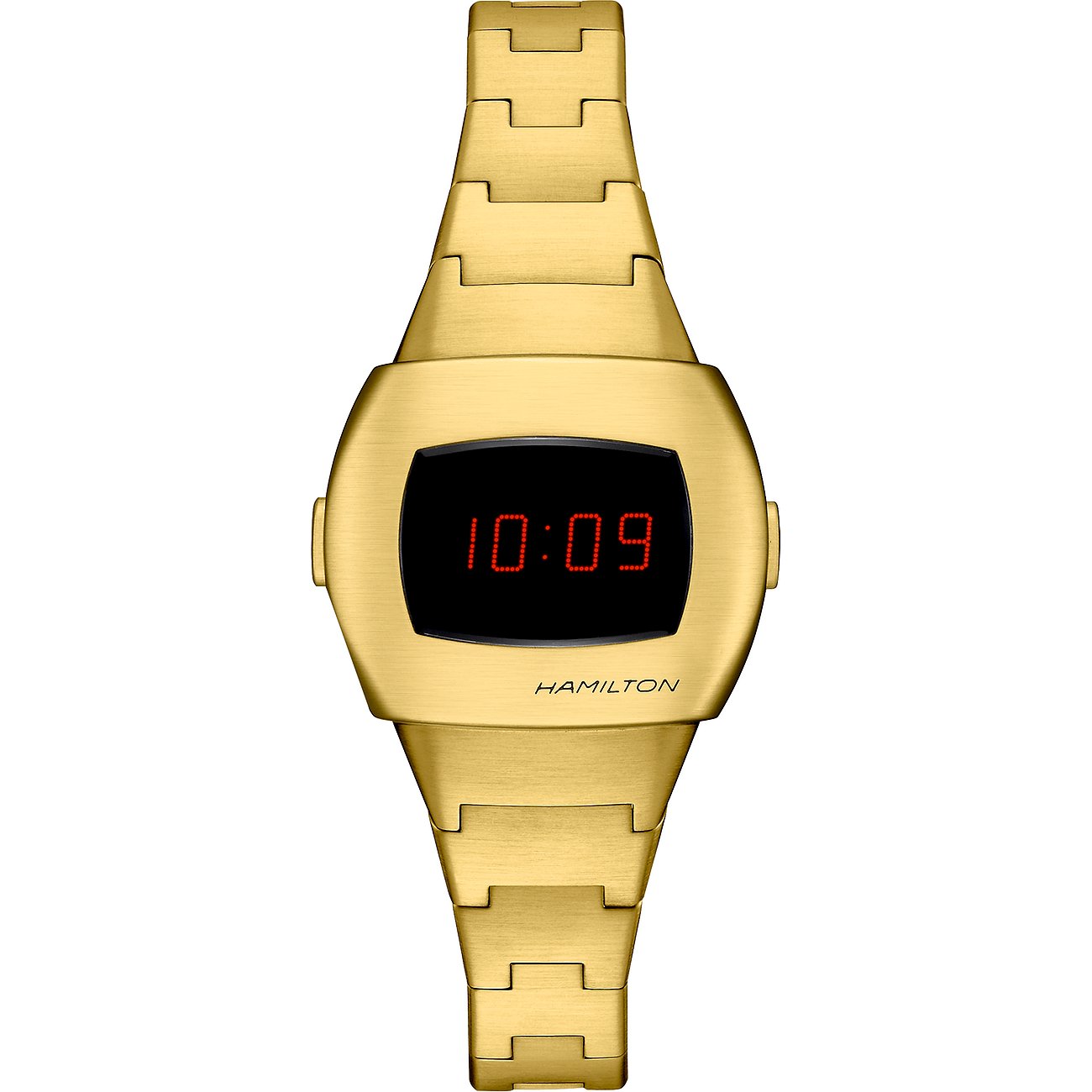 Hamilton Damenuhr mit Edelstahlgehäuse, digitaler Anzeige und goldfarbenem Armband.