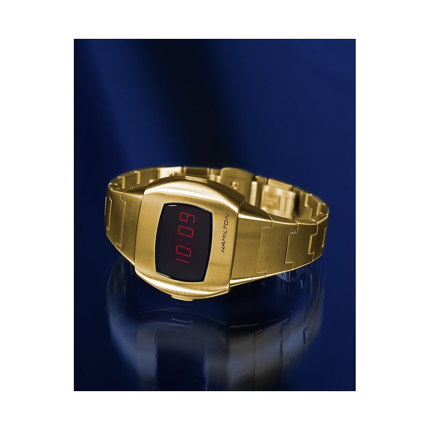 Hamilton Digitaluhr mit Edelstahlgehäuse, goldfarben, mit digitaler Anzeige.