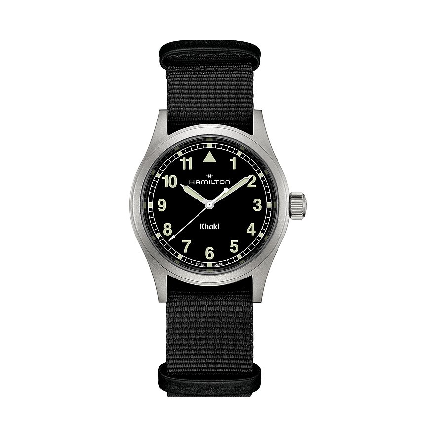 Hamilton Herrenuhr mit Edelstahlgehäuse, schwarzem Zifferblatt und Stoffarmband.