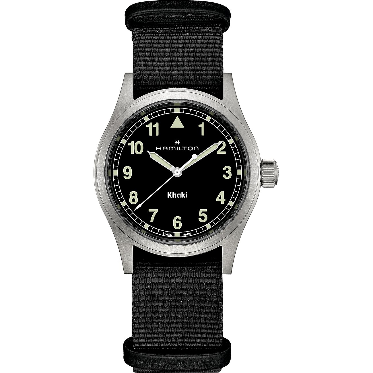 Hamilton Herrenuhr mit Edelstahlgehäuse, schwarzem Zifferblatt und Stoffarmband.