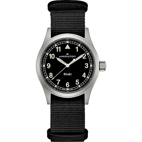 Hamilton Herrenuhr mit Edelstahlgehäuse, schwarzem Zifferblatt und Stoffarmband.