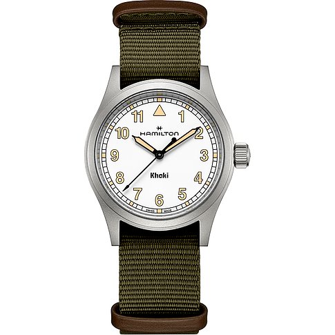Hamilton Unisexuhr mit Edelstahlgehäuse, weißem Zifferblatt und grünem Band.
