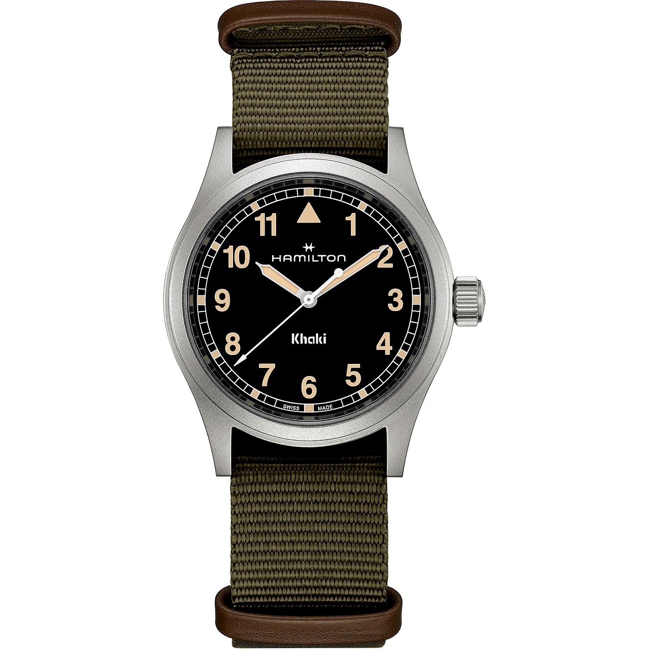 Hamilton Khaki Uhr mit Edelstahlgehäuse, schwarzem Zifferblatt und grünem Band.