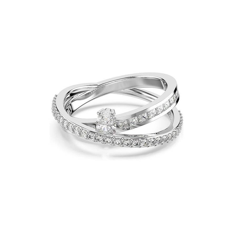 Swarovski ring van gerhodineerd metaal met witte kristallen en een druppelgeslepen steen.