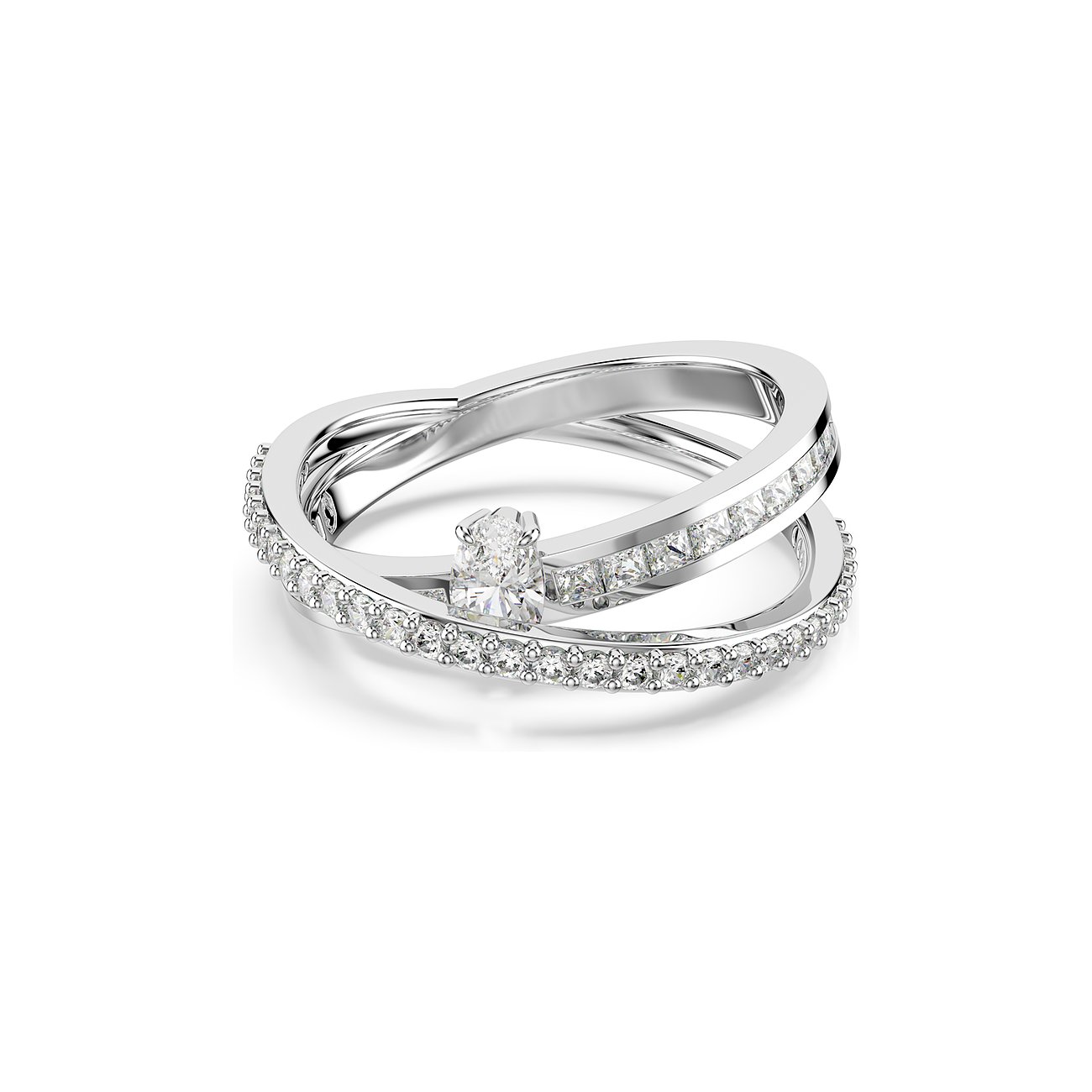 Swarovski ring van gerhodineerd metaal met witte kristallen en een druppelgeslepen steen.