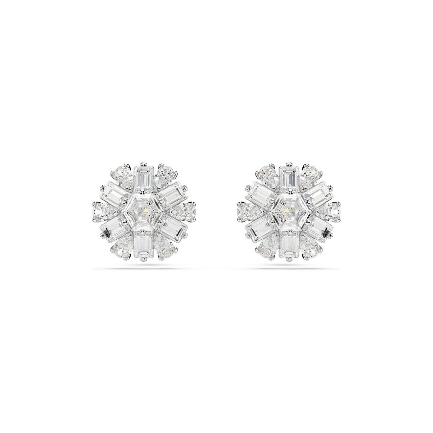 Swarovski oorstekers van metaal met witte kristallen in baguette- en druppelslijpsel.