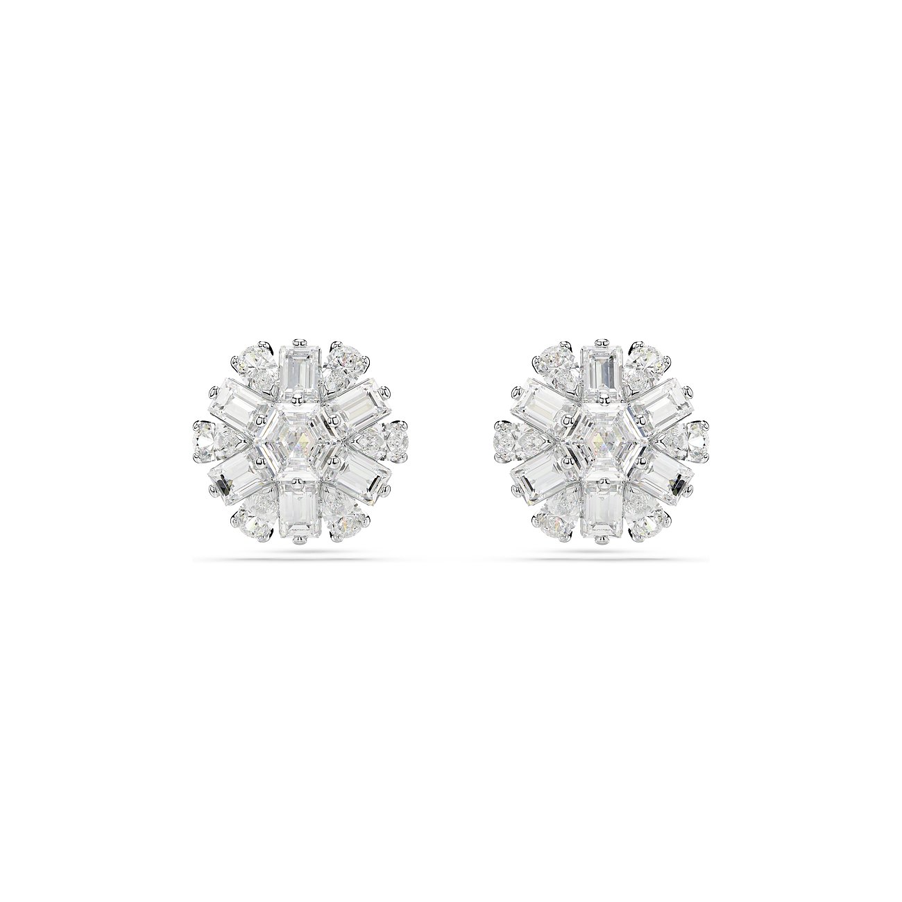 Swarovski oorstekers van metaal met witte kristallen in baguette- en druppelslijpsel.