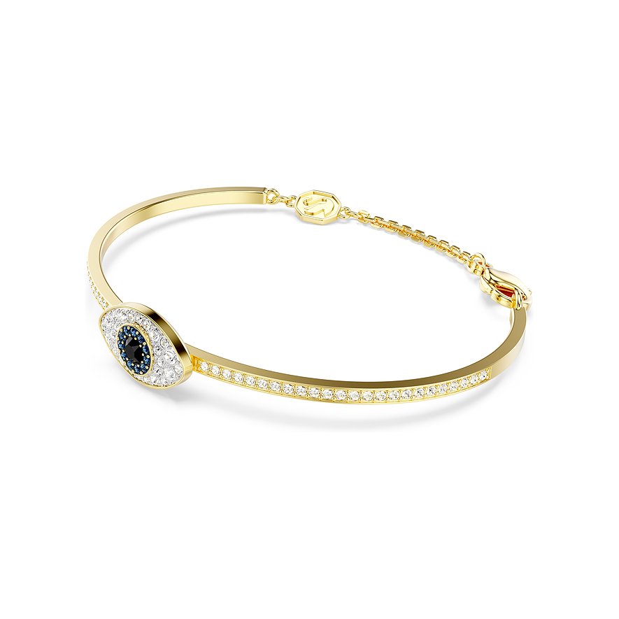 Swarovski metalen armband met witte kristallen en een blauwe edelsteen.