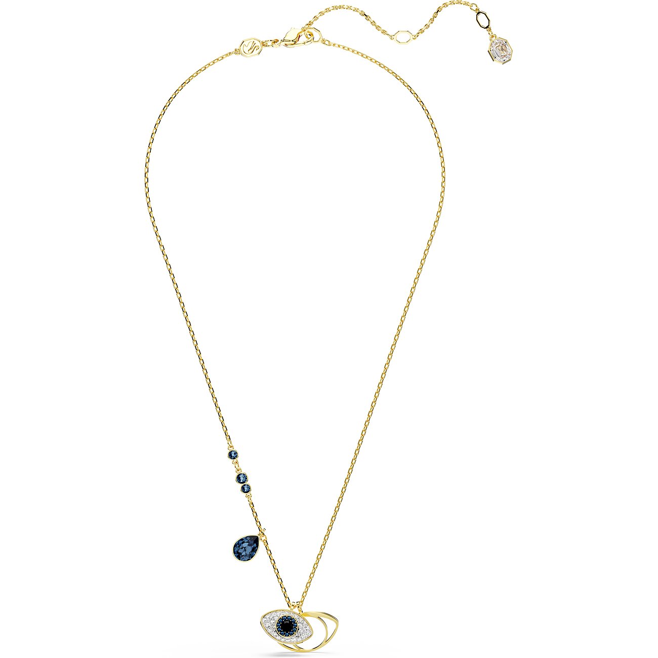 Swarovski Halskette mit einem Auge-Anhänger, besetzt mit blauen und weißen Kristallen.