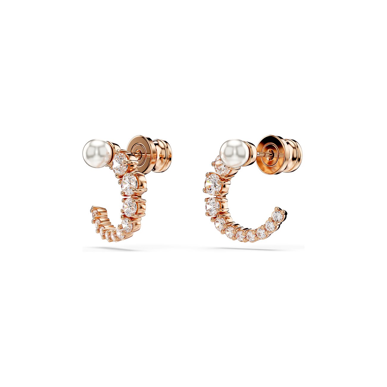 Swarovski Creolen aus rosévergoldetem Metall mit weißen Kristallen.
