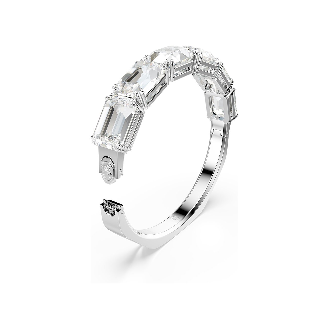 Swarovski Armband aus rhodiniertem Metall mit rechteckigen Kristallen und Klappverschluss.