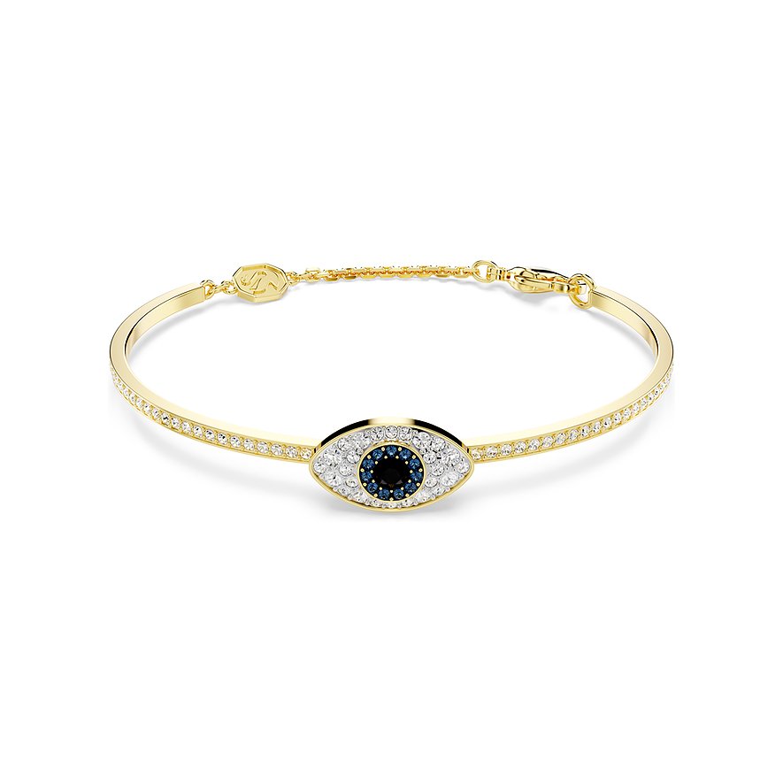 Swarovski armband in geelgoudkleurig metaal met witte en blauwe kristallen.