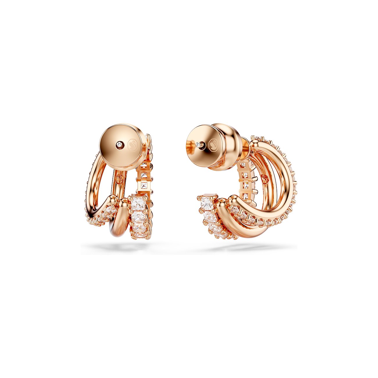 Swarovski oorbellen van roségoudkleurig metaal met prinsessgeslepen kristallen.
