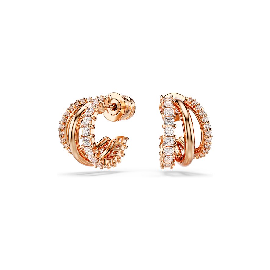 Swarovski oorbellen van roségoudkleurig metaal met witte kristallen en vierkante slijpvorm.
