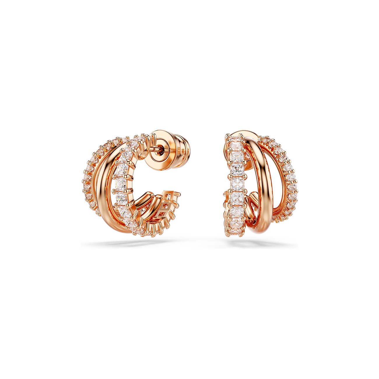 Swarovski oorbellen van roségoudkleurig metaal met witte kristallen en vierkante slijpvorm.