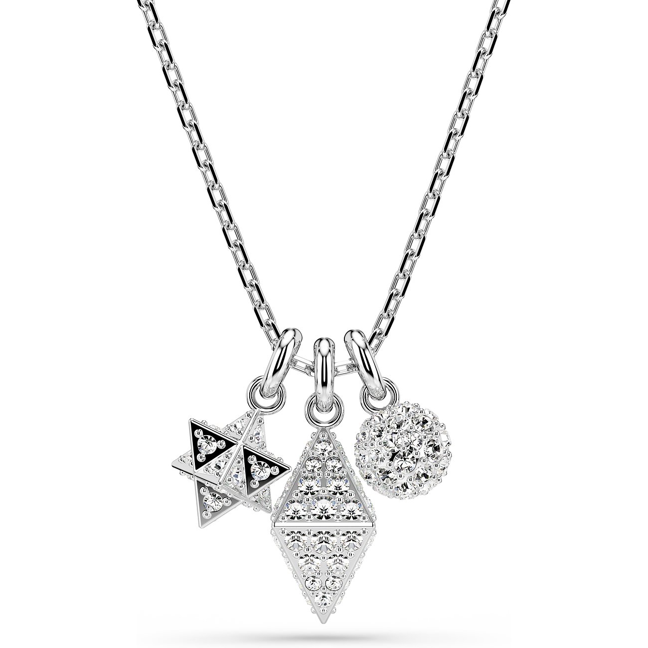 Swarovski Halsschmuck aus Metall mit Kristallen, dreieckiger und kugelförmiger Anhänger.