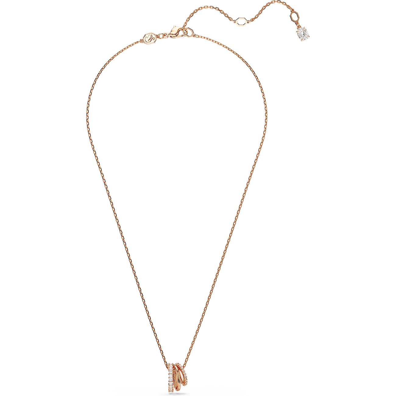 Swarovski Halskette aus rosévergoldetem Metall mit Kristallen und drei Ringen.