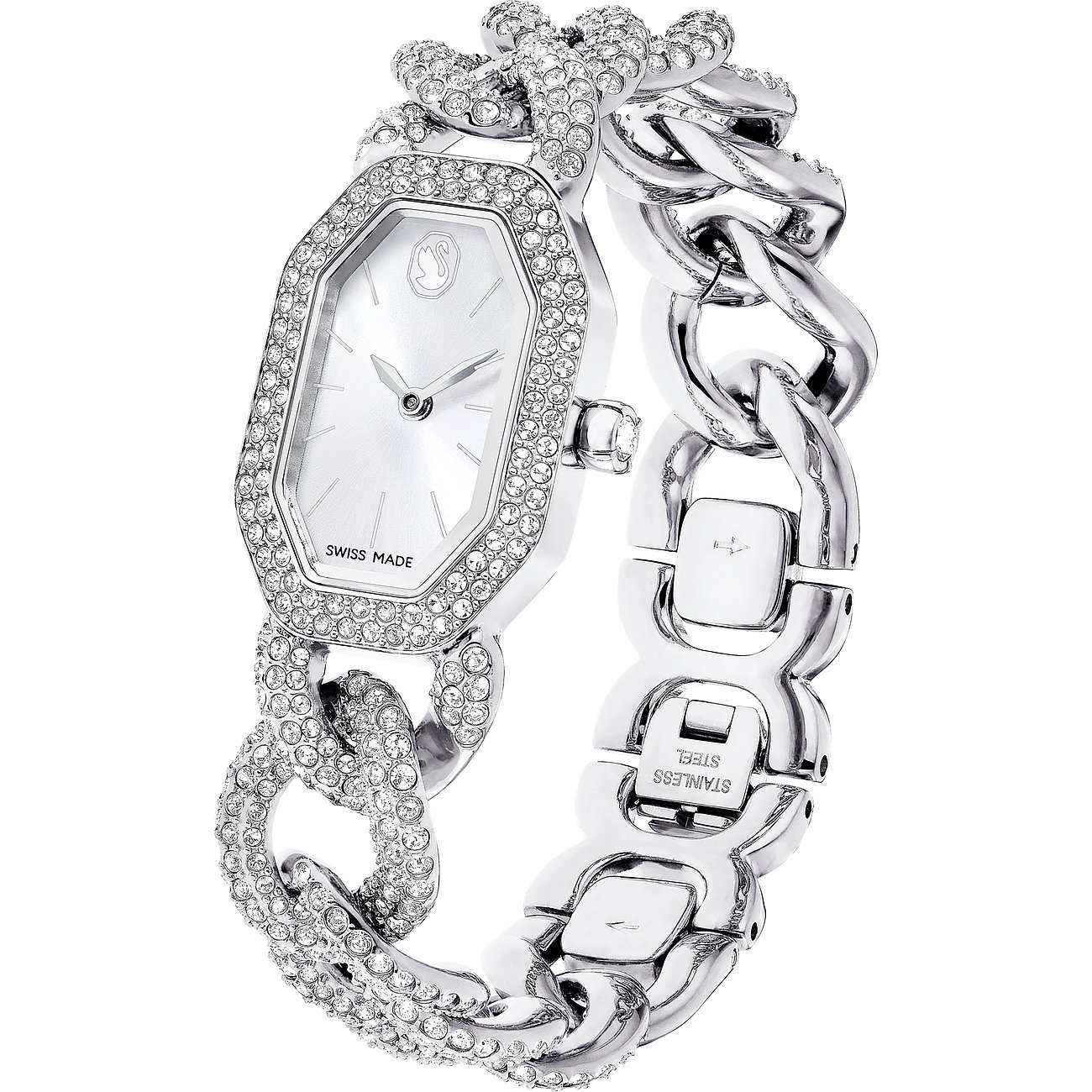 Swarovski Damenuhr mit Kristallbesatz und Gliederarmband.