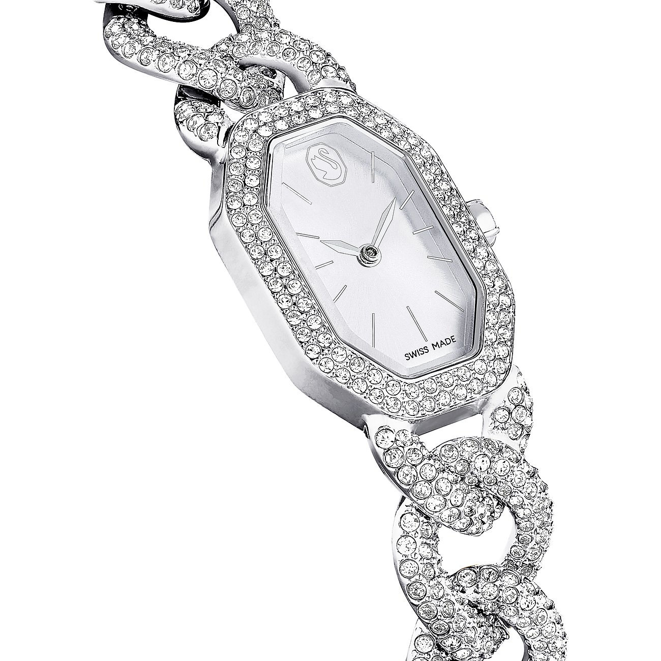 Swarovski Damenuhr mit Metallgehäuse, besetzt mit Swarovski-Kristallen, analog.