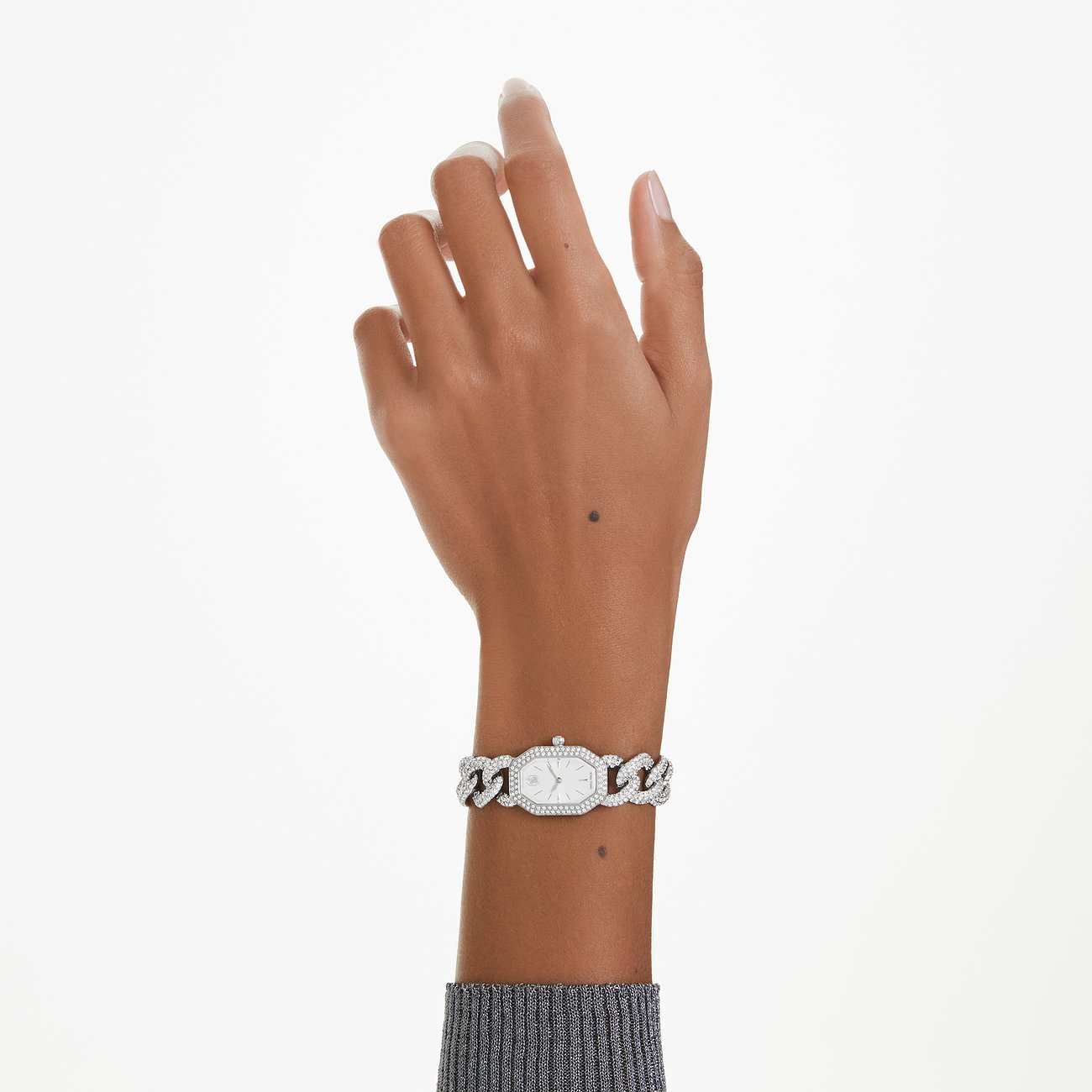 Swarovski Damenuhr mit Kristallen und silberfarbenem Metallarmband.