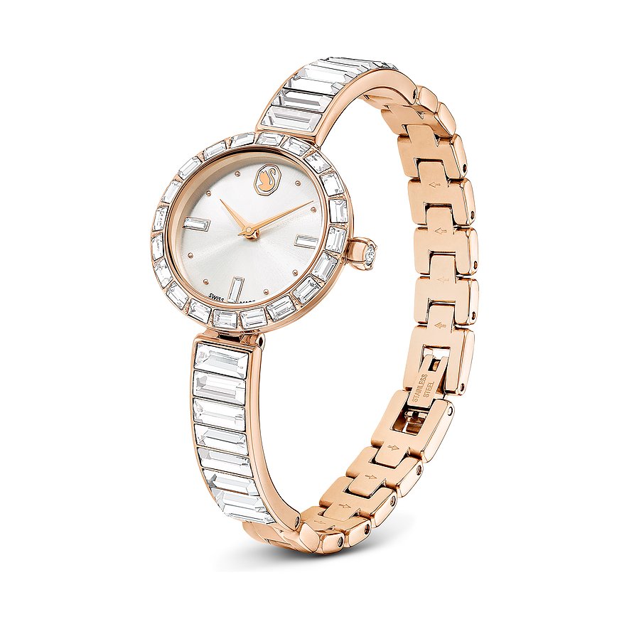 Swarovski Damenuhr mit roségoldfarbenem Metallgehäuse und Kristallen, analog.