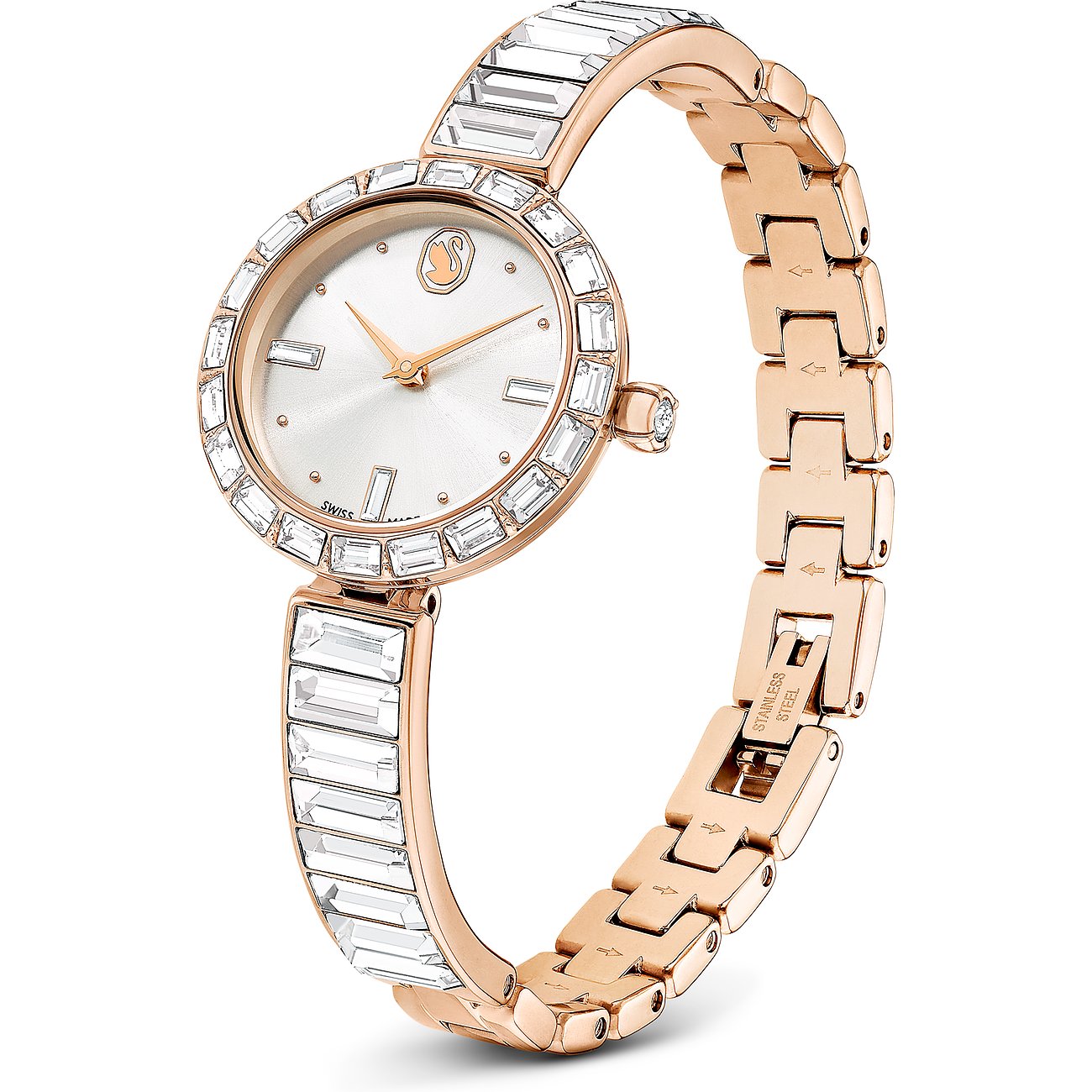 Swarovski Damenuhr mit roségoldfarbenem Metallgehäuse und Kristallen, analog.