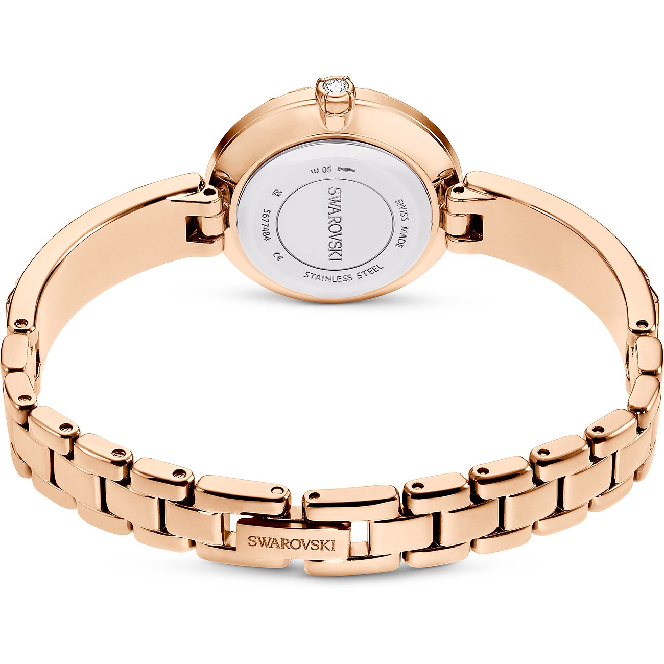 Swarovski Damenuhr mit rosévergoldetem Metallgehäuse und Kristallbesatz.