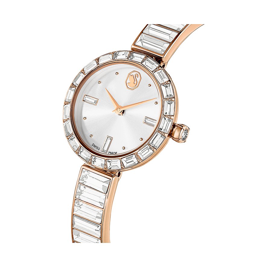Swarovski Damenuhr mit rosévergoldetem Gehäuse und Kristallen, analog.