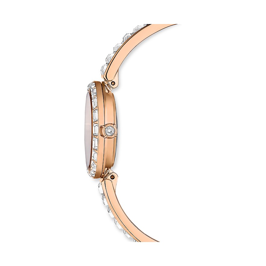 Swarovski Damenuhr mit roségoldfarbenem Metallgehäuse und Kristallen.