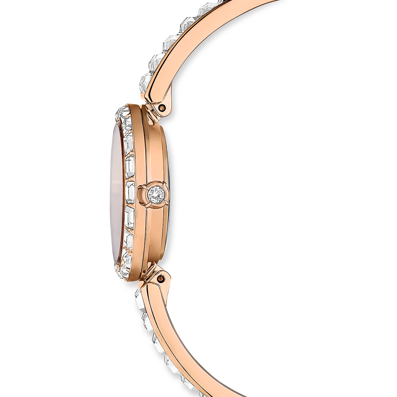 Swarovski Damenuhr mit roségoldfarbenem Metallgehäuse und Kristallen.